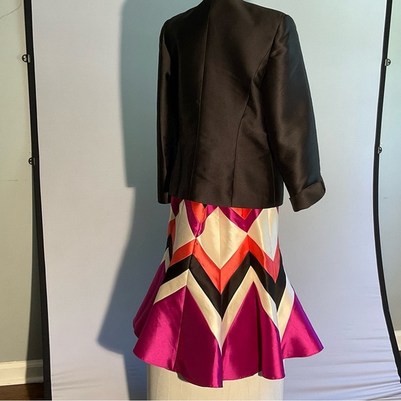 Serafina Sz 14 2 Piece Satin Suit Striking Colorful Zigzag Pattern Flared Skirt - Picture 6 of 16